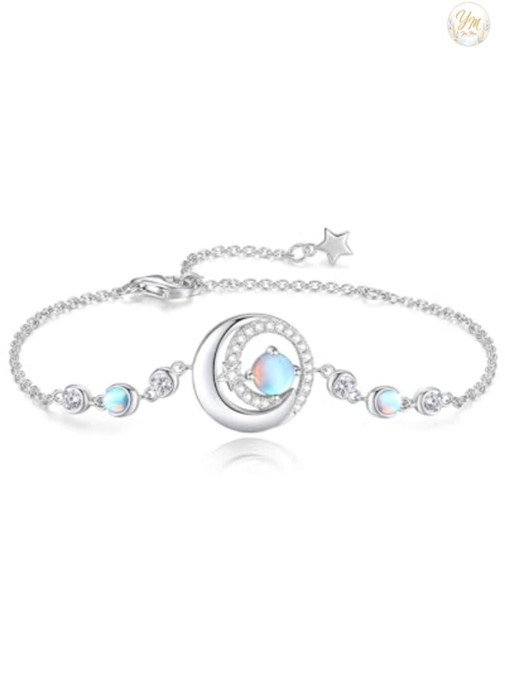 925 Sterling Silver White Gold Plated Moonstone Moon Star Link Bracelet for